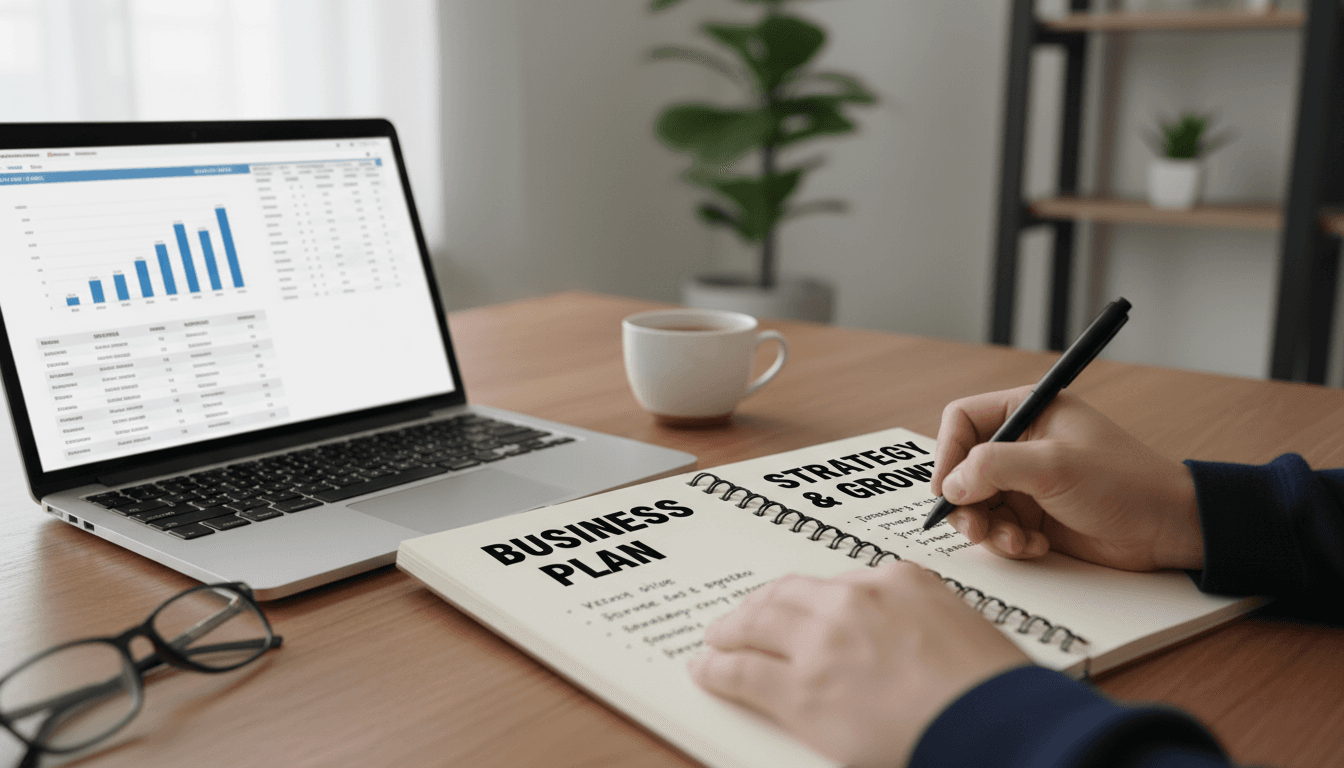 Manos escribiendo un plan de negocio en un cuaderno junto a una laptop