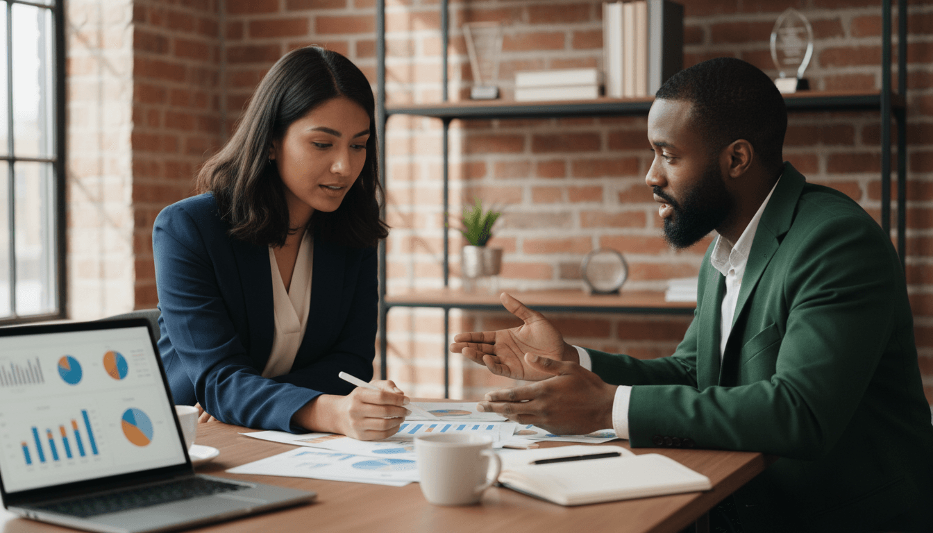 Consultora profesional en reunión de mentoría con clienta en oficina moderna