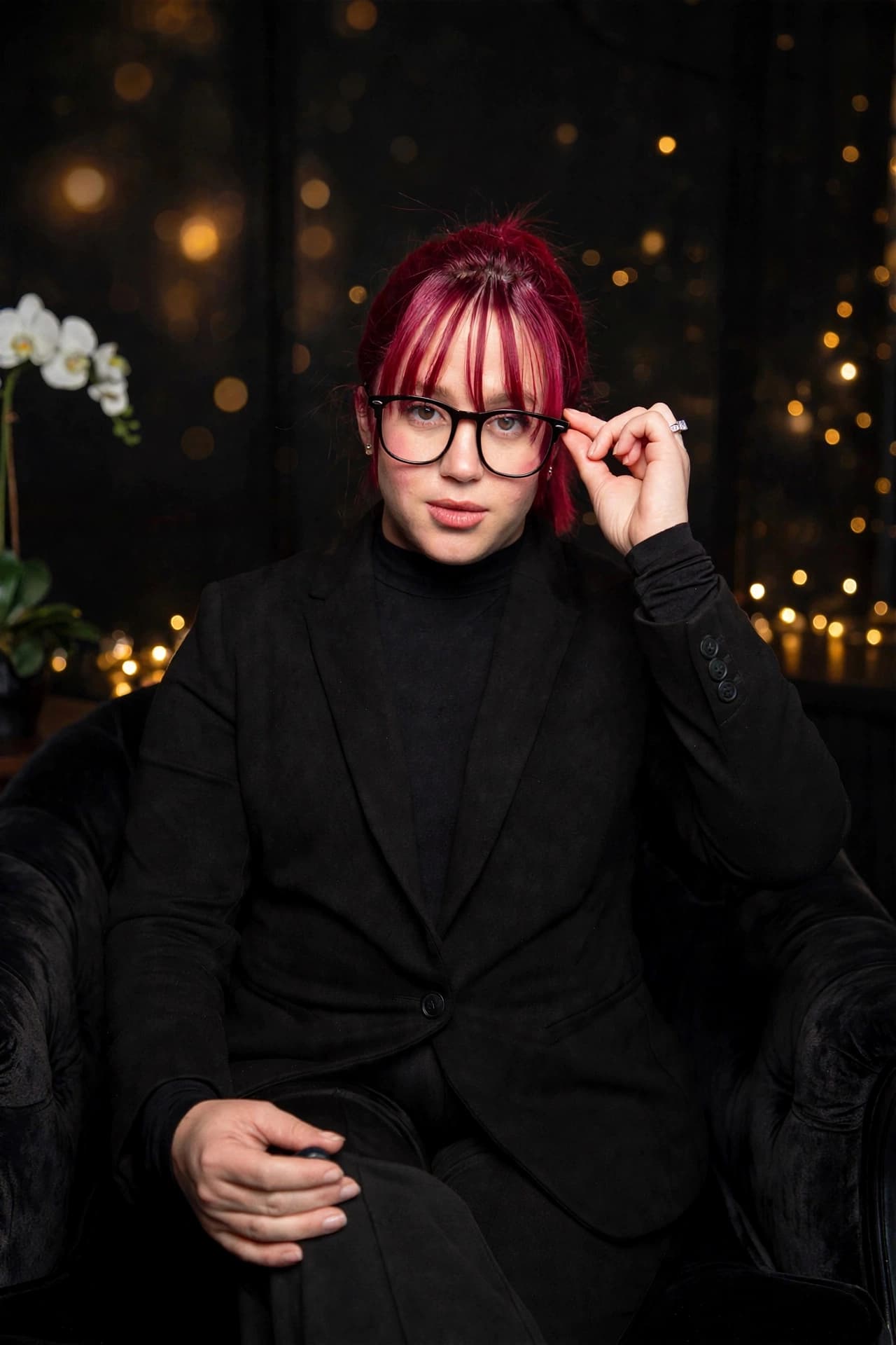 Mujer con cabello magenta y gafas negras, vistiendo un blazer oscuro frente a luces doradas.